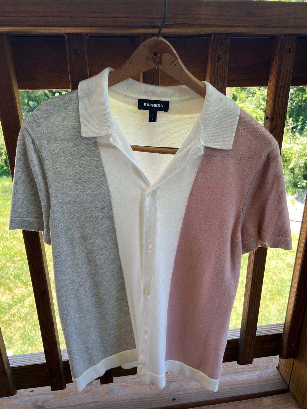 Express Men’s Colorblock Polo — White, Gray & Dusty Pink